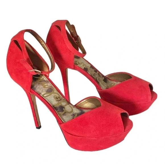 SAM EDELMAN | Marina Round Peep Toe Ankle Strap Red Platform Stilettos Size 9M - Picture 2 of 10